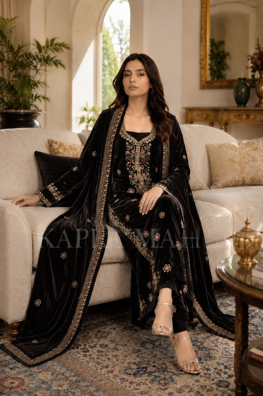 Premium 9000 China Imported Velvet – Multi gala  Thread & Sequins 3 Piece Unstitched Suit