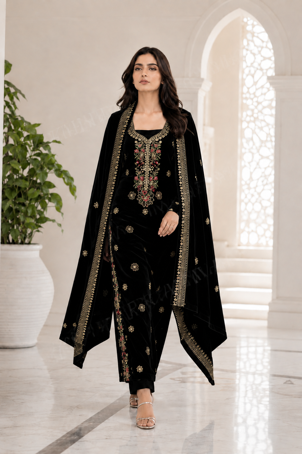 Premium 9000 China Imported Velvet – Multi gala  Thread & Sequins 3 Piece Unstitched Suit