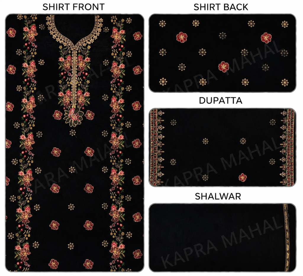Premium 9000 China Imported Velvet – Multi gala  Thread & Sequins 3 Piece Unstitched Suit