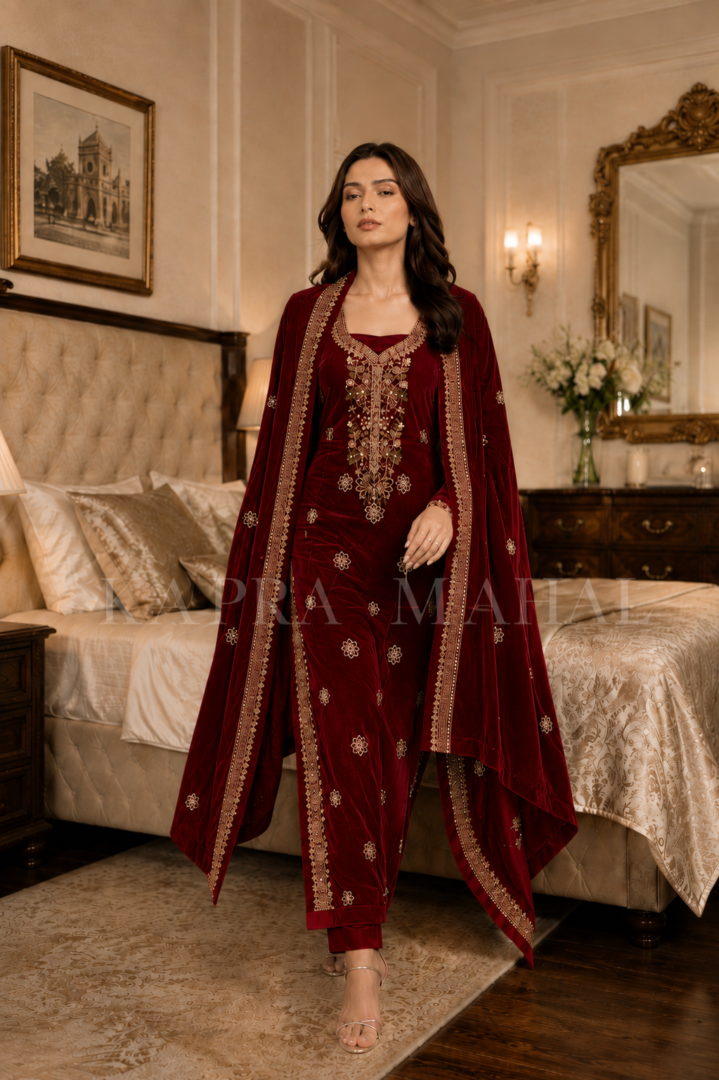 Premium 9000 China Imported Velvet – Multi gala Thread & Sequins 3 Piece Unstitched Suit