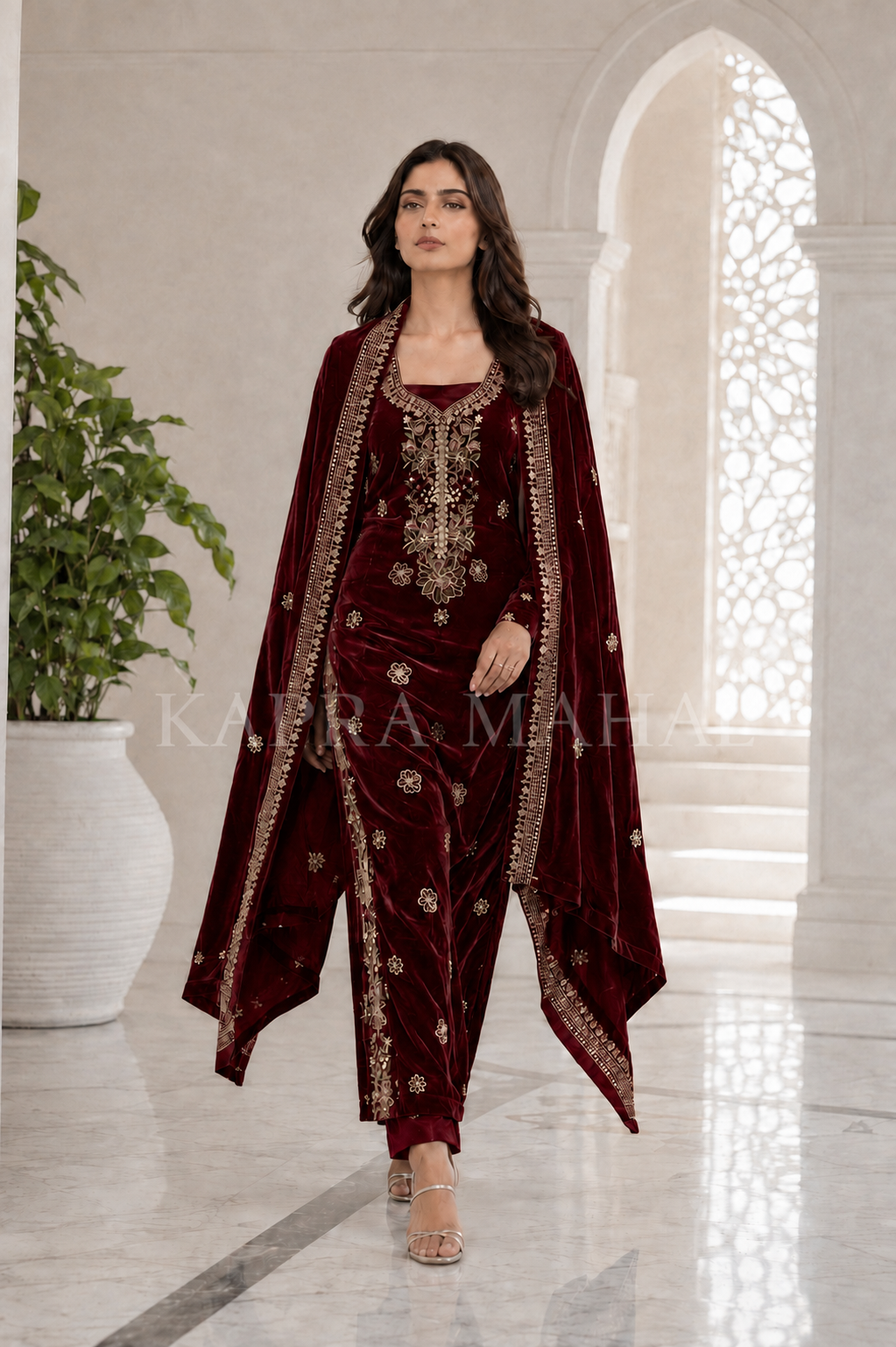 Premium 9000 China Imported Velvet – Multi gala Thread & Sequins 3 Piece Unstitched Suit