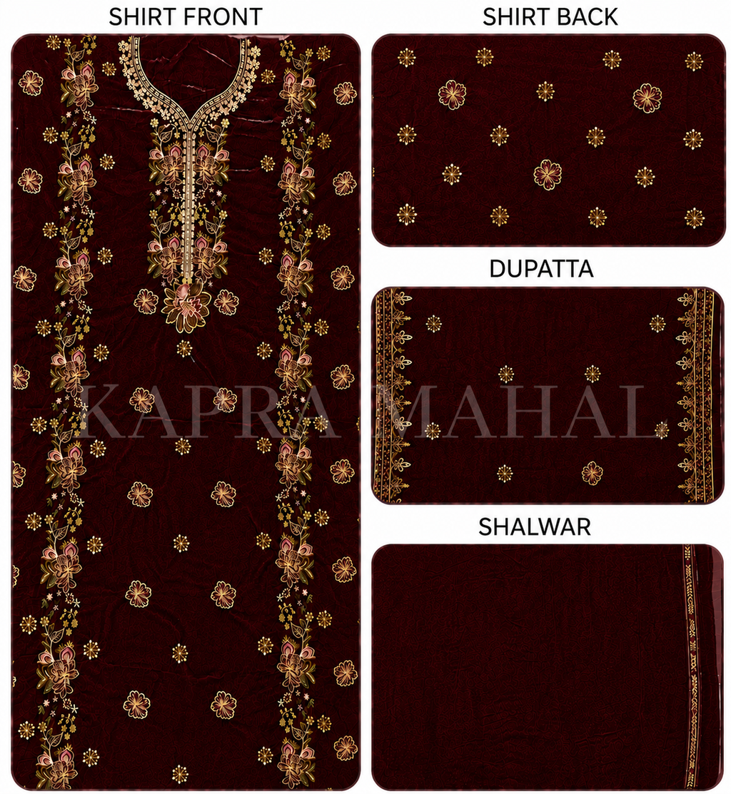 Premium 9000 China Imported Velvet – Multi gala Thread & Sequins 3 Piece Unstitched Suit