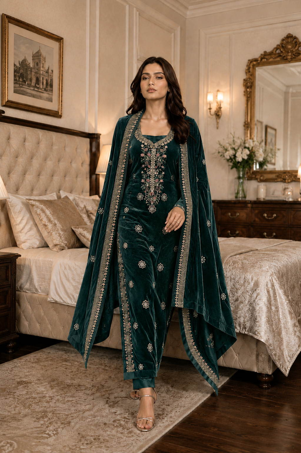 Premium 9000 China Imported Velvet – Multi gala  Thread & Sequins 3 Piece Unstitched Suit