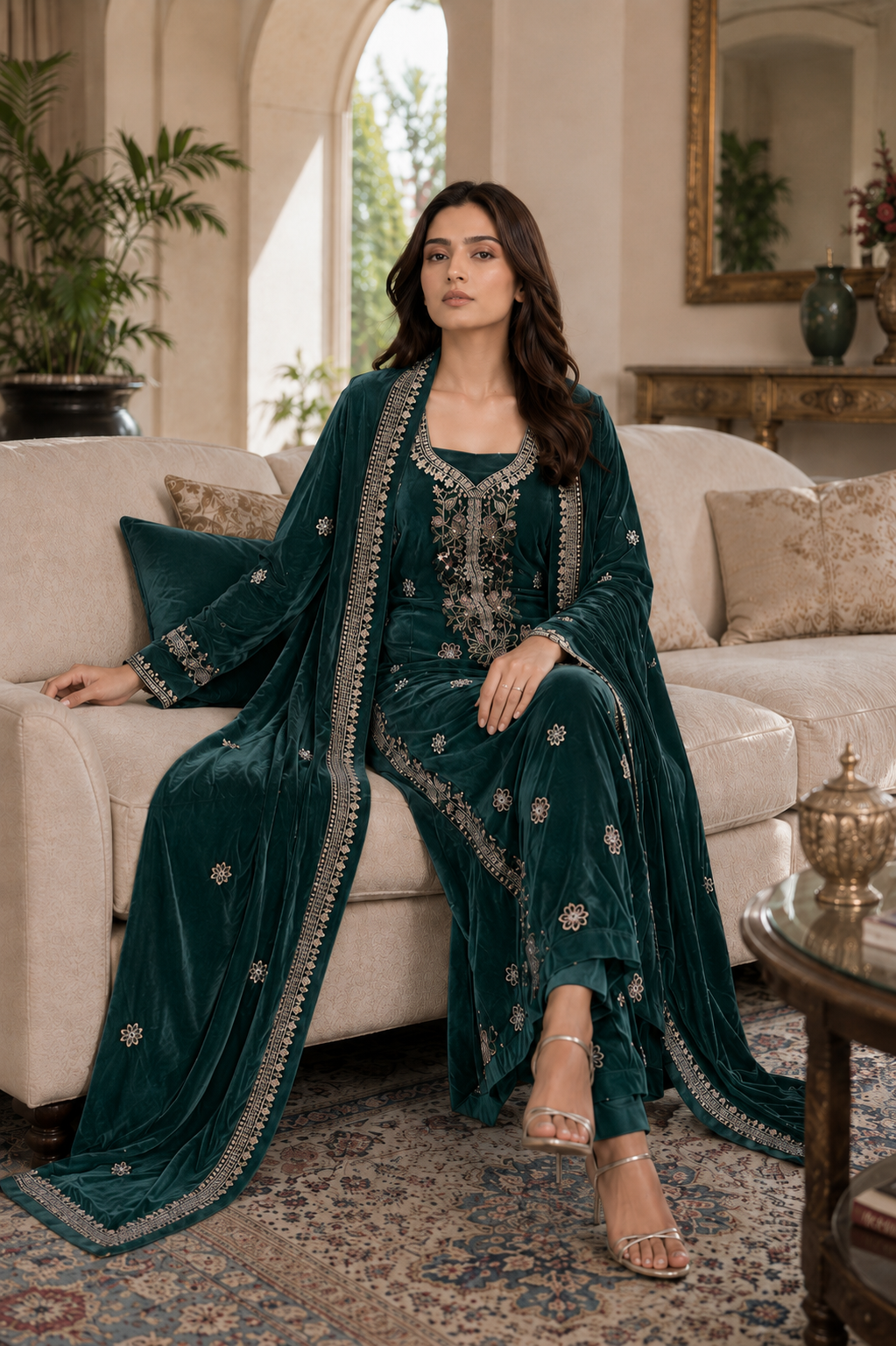 Premium 9000 China Imported Velvet – Multi gala  Thread & Sequins 3 Piece Unstitched Suit