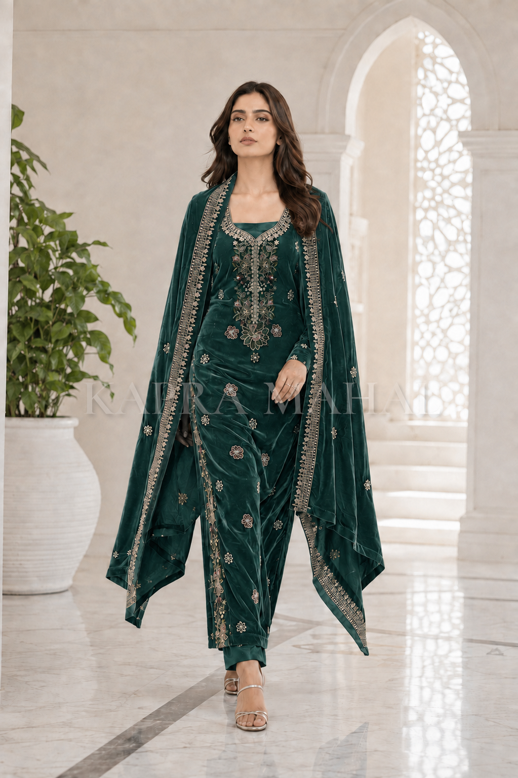 Premium 9000 China Imported Velvet – Multi gala  Thread & Sequins 3 Piece Unstitched Suit