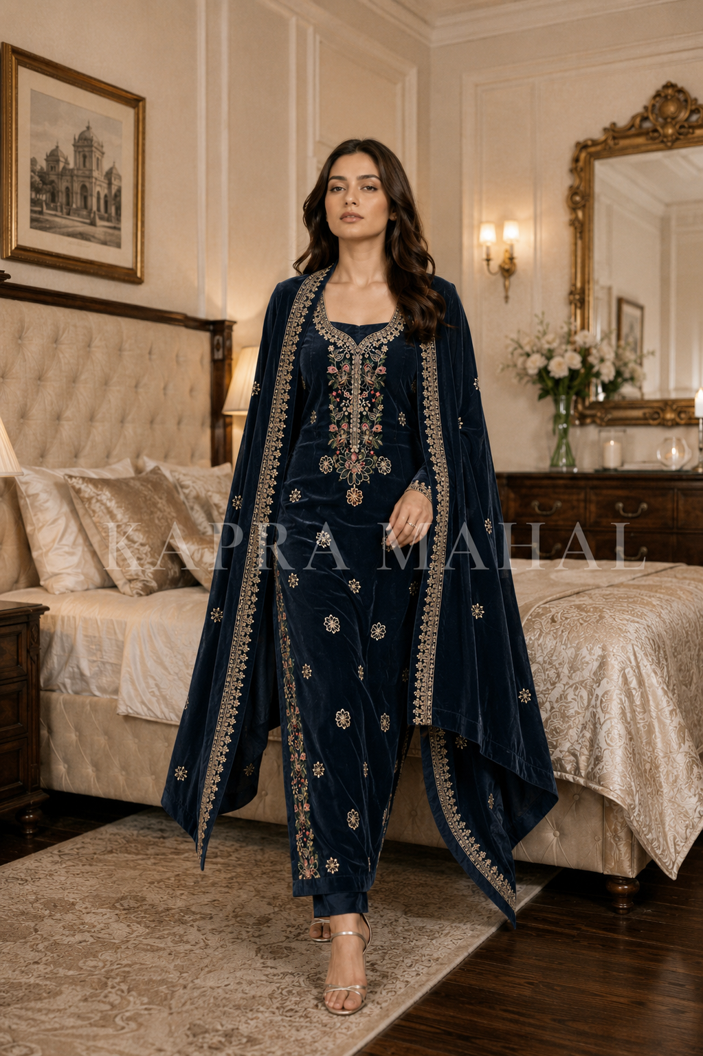 Premium 9000 China Imported Velvet – Multi gala Thread & Sequins 3 Piece Unstitched Suit