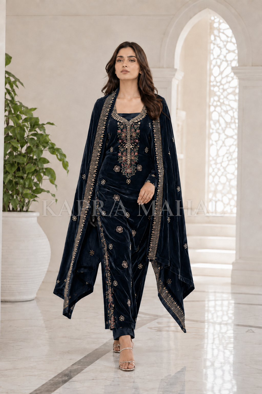 Premium 9000 China Imported Velvet – Multi gala Thread & Sequins 3 Piece Unstitched Suit