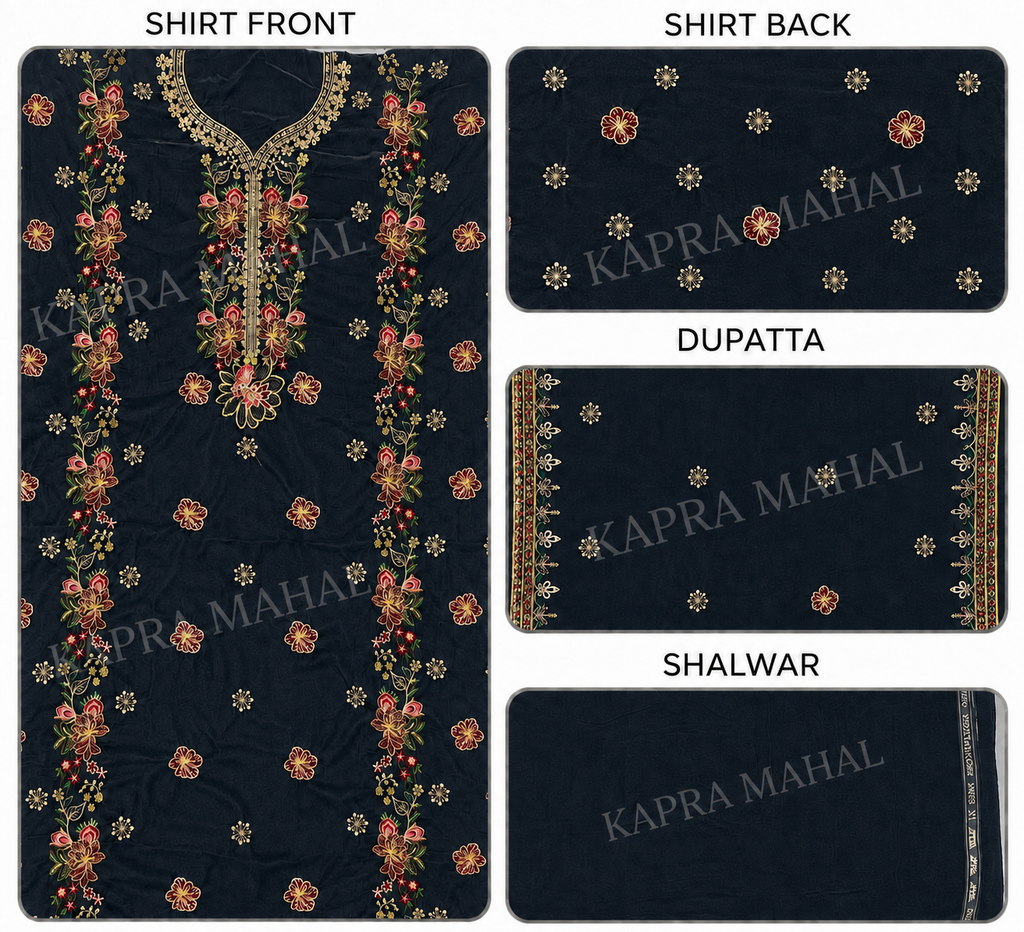 Premium 9000 China Imported Velvet – Multi gala Thread & Sequins 3 Piece Unstitched Suit