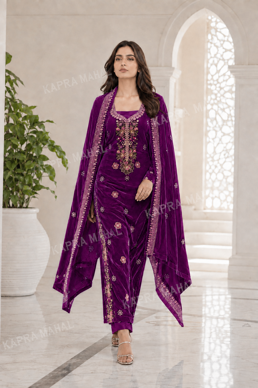 Premium 9000 China Imported Velvet – Multi gala Thread & Sequins 3 Piece Unstitched Suit