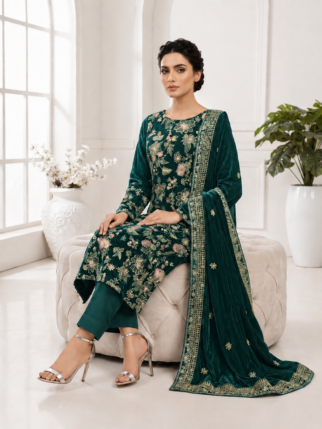Premium 9000 China Imported Velvet – Bareza Thread & Sequins 3 Piece Unstitched Suit