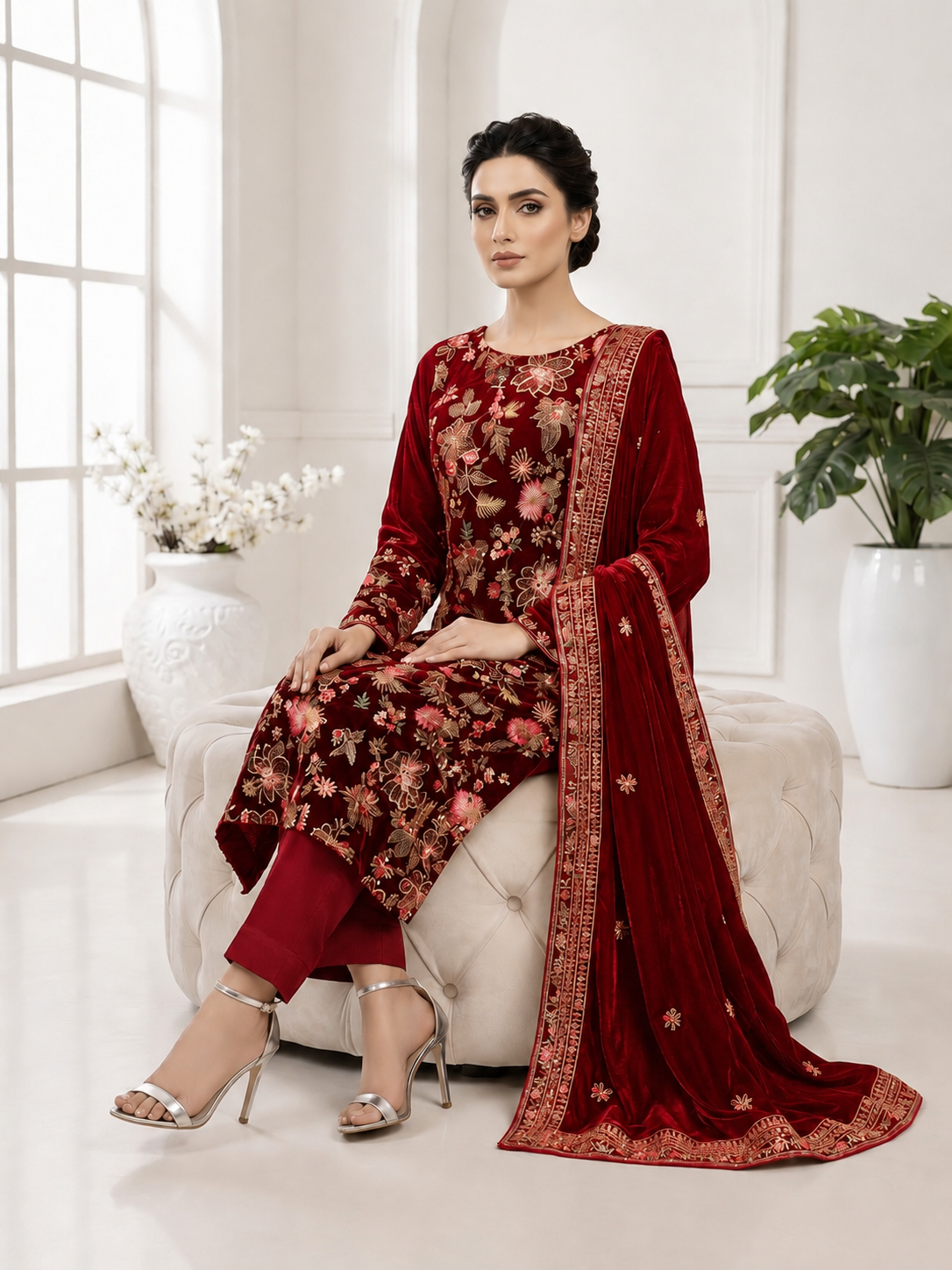 Premium 9000 China Imported Velvet – Bareza Thread & Sequins 3 Piece Unstitched Suit