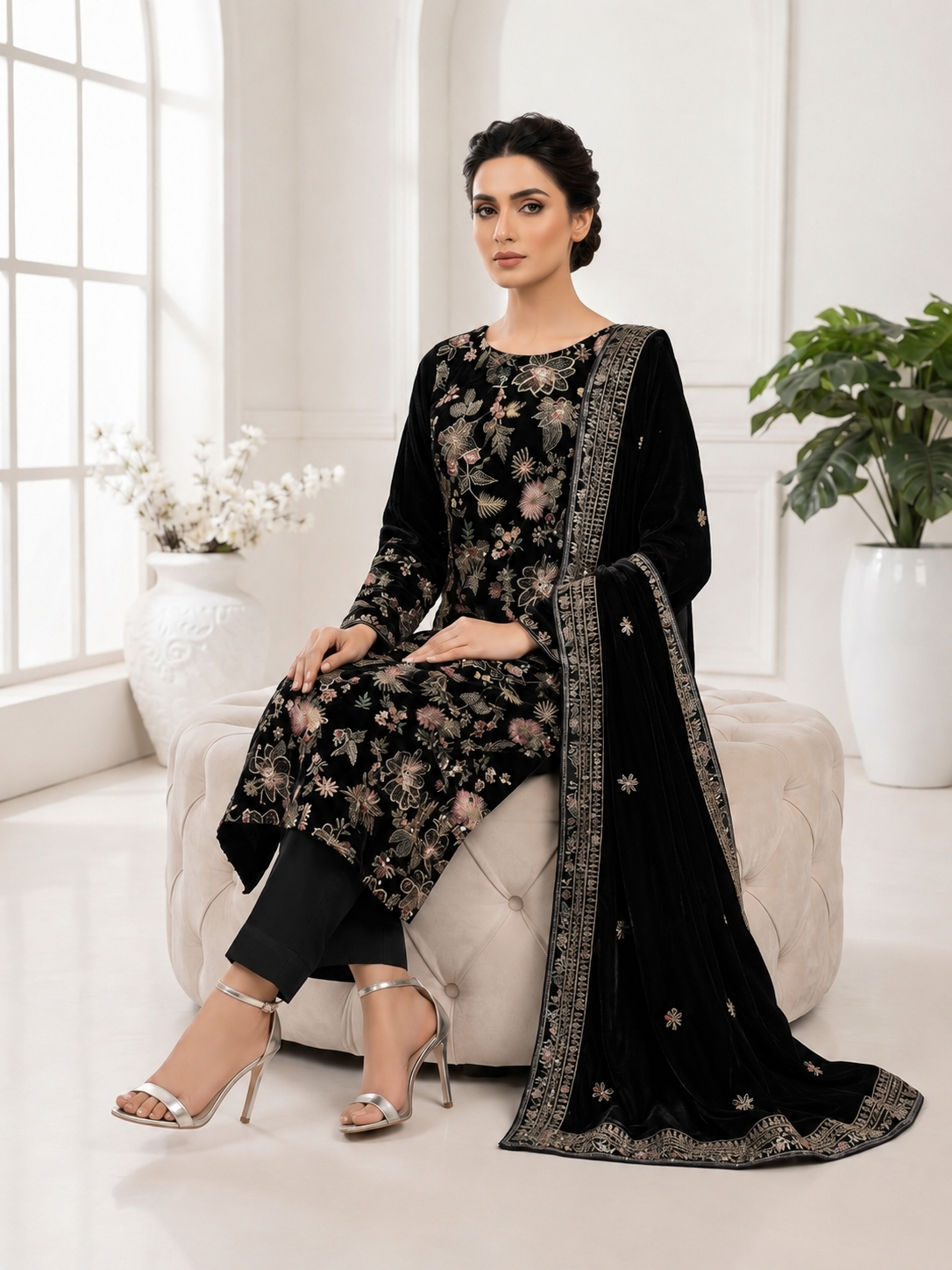 Premium 9000 China Imported Velvet – Bareza Thread & Sequins 3 Piece Unstitched Suit