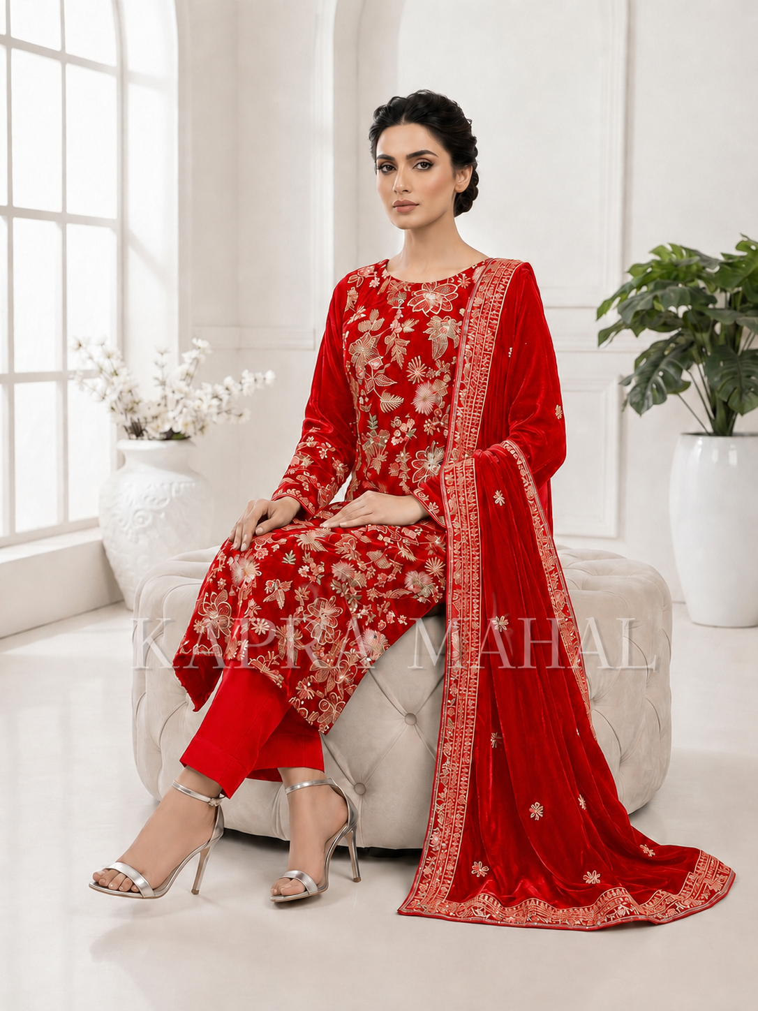 Premium 9000 China Imported Velvet – Bareza Thread & Sequins 3 Piece Unstitched Suit