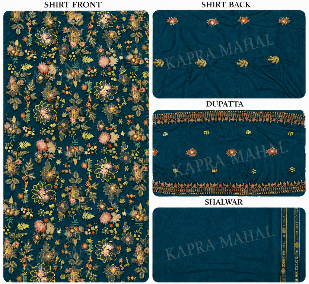 Premium 9000 China Imported Velvet – Bareza Thread & Sequins 3 Piece Unstitched Suit