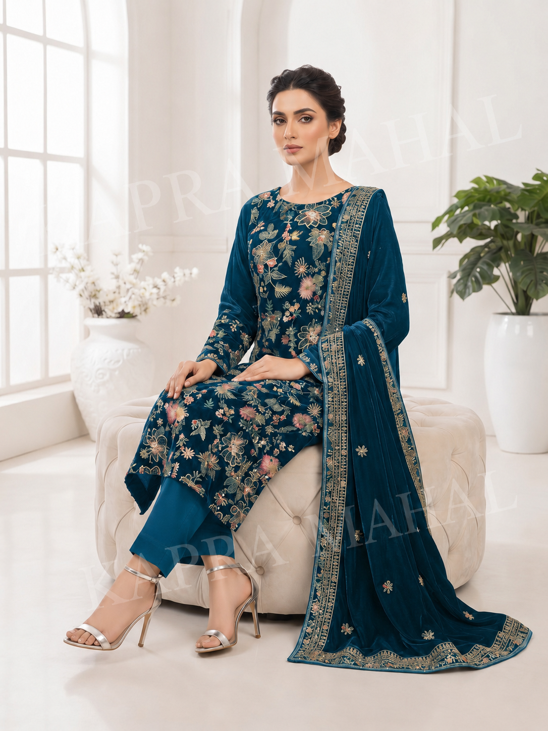 Premium 9000 China Imported Velvet – Bareza Thread & Sequins 3 Piece Unstitched Suit