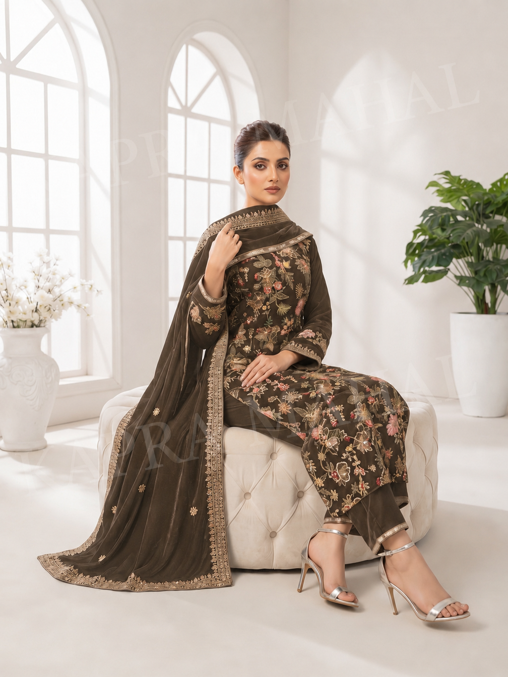 Premium 9000 China Imported Velvet – Bareza Thread & Sequins 3 Piece Unstitched Suit
