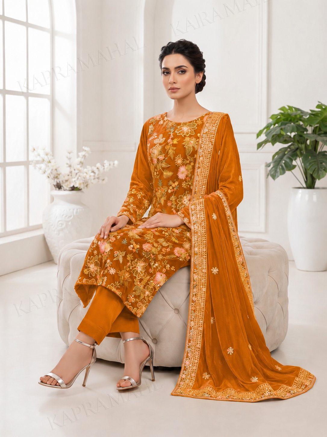 Premium 9000 China Imported Velvet – Bareza Thread & Sequins 3 Piece Unstitched Suit