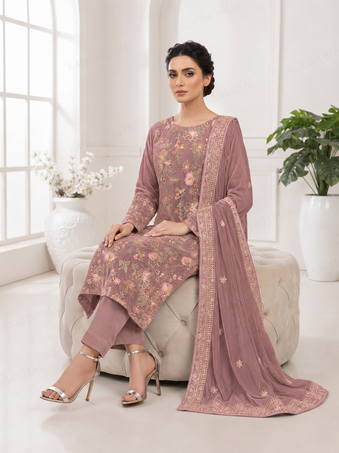 Premium 9000 China Imported Velvet – Bareza Thread & Sequins 3 Piece Unstitched Suit
