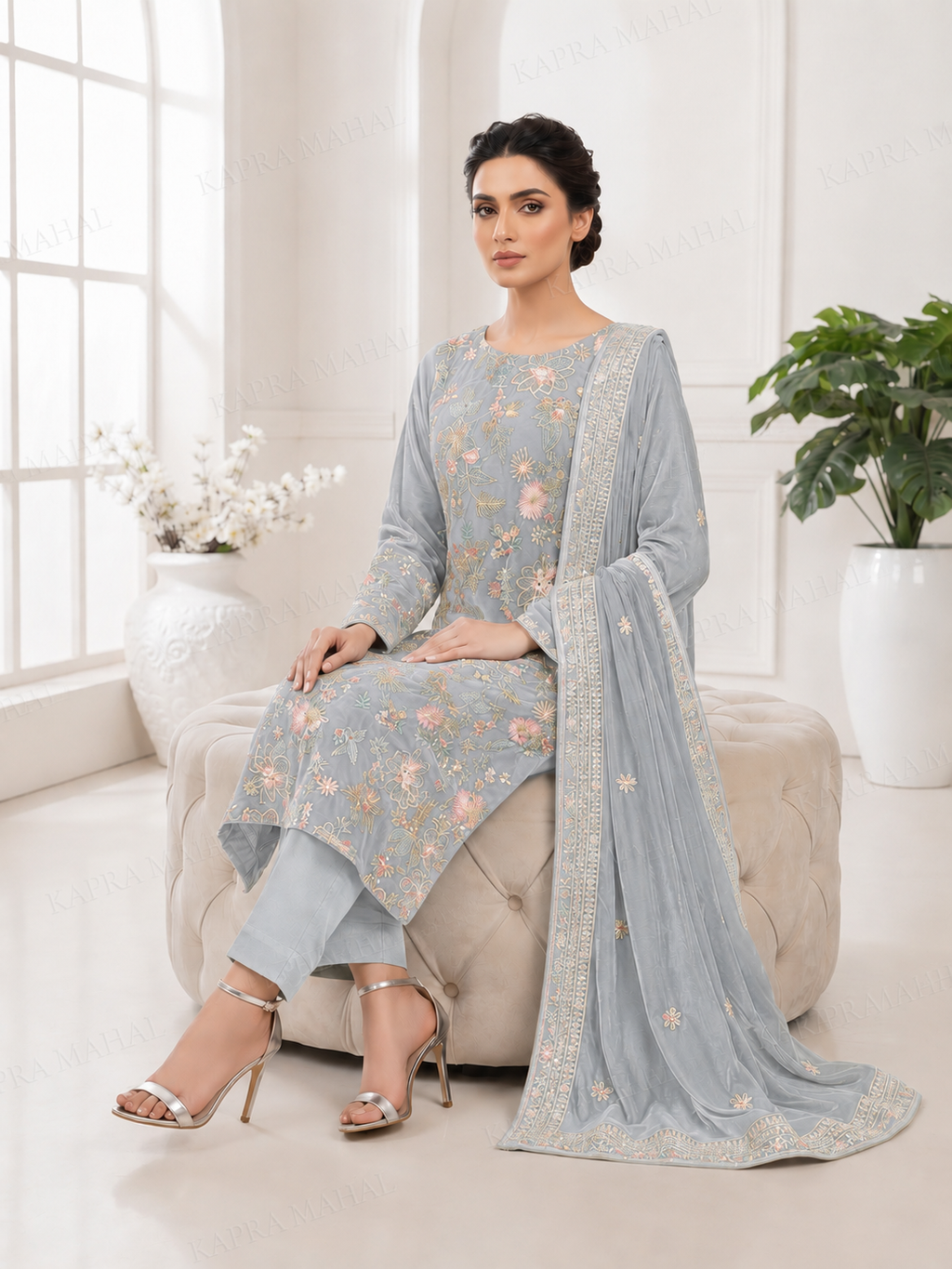 Premium 9000 China Imported Velvet – Bareza Thread & Sequins 3 Piece Unstitched Suit