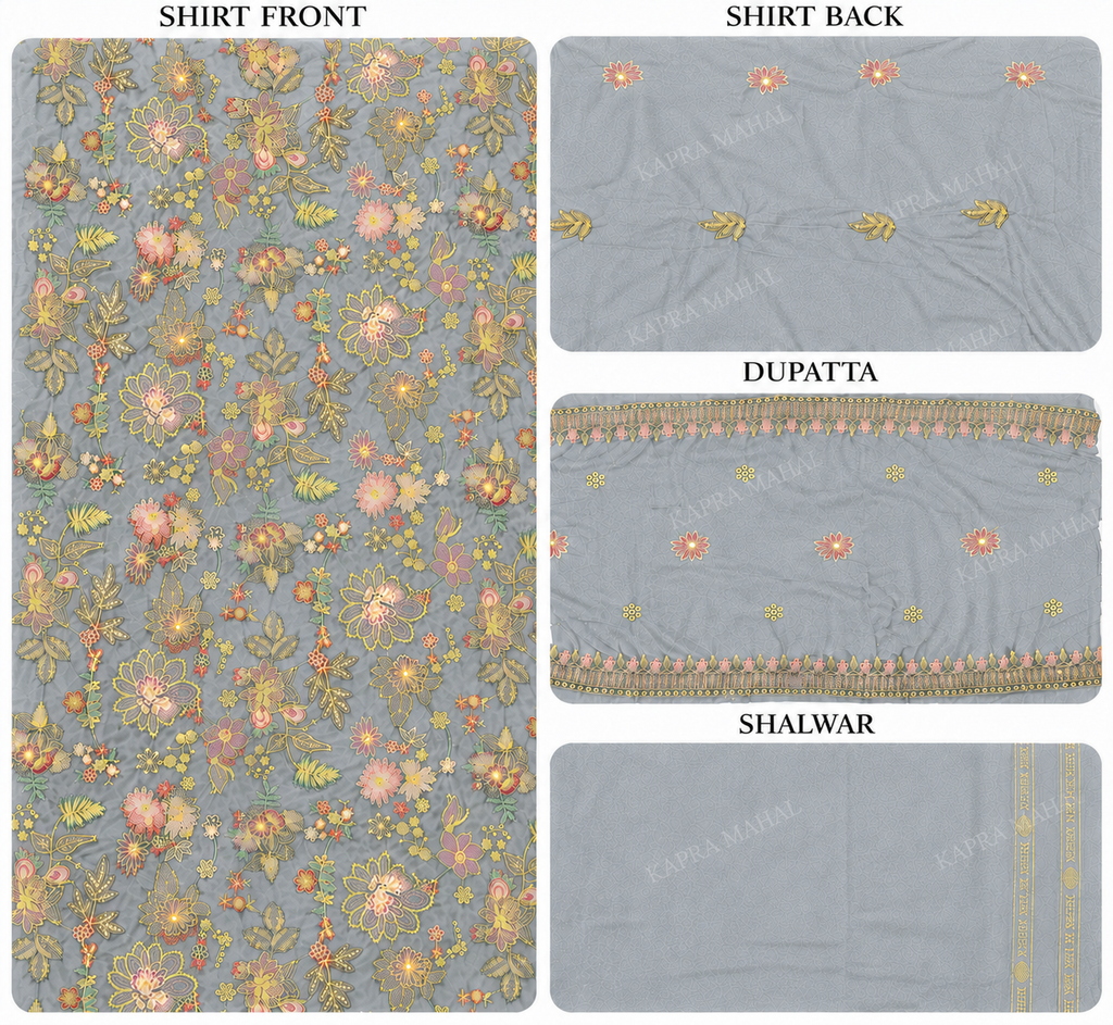 Premium 9000 China Imported Velvet – Bareza Thread & Sequins 3 Piece Unstitched Suit