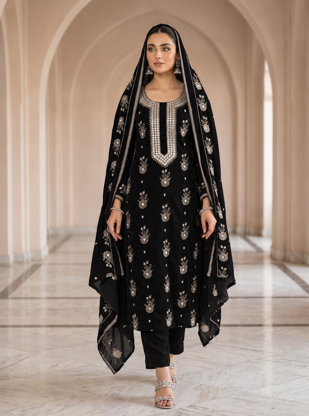 Premium 9000 China Imported Velvet –&nbsp;9mm Gala&nbsp;&amp; Sequins 3 Piece Unstitched Suit