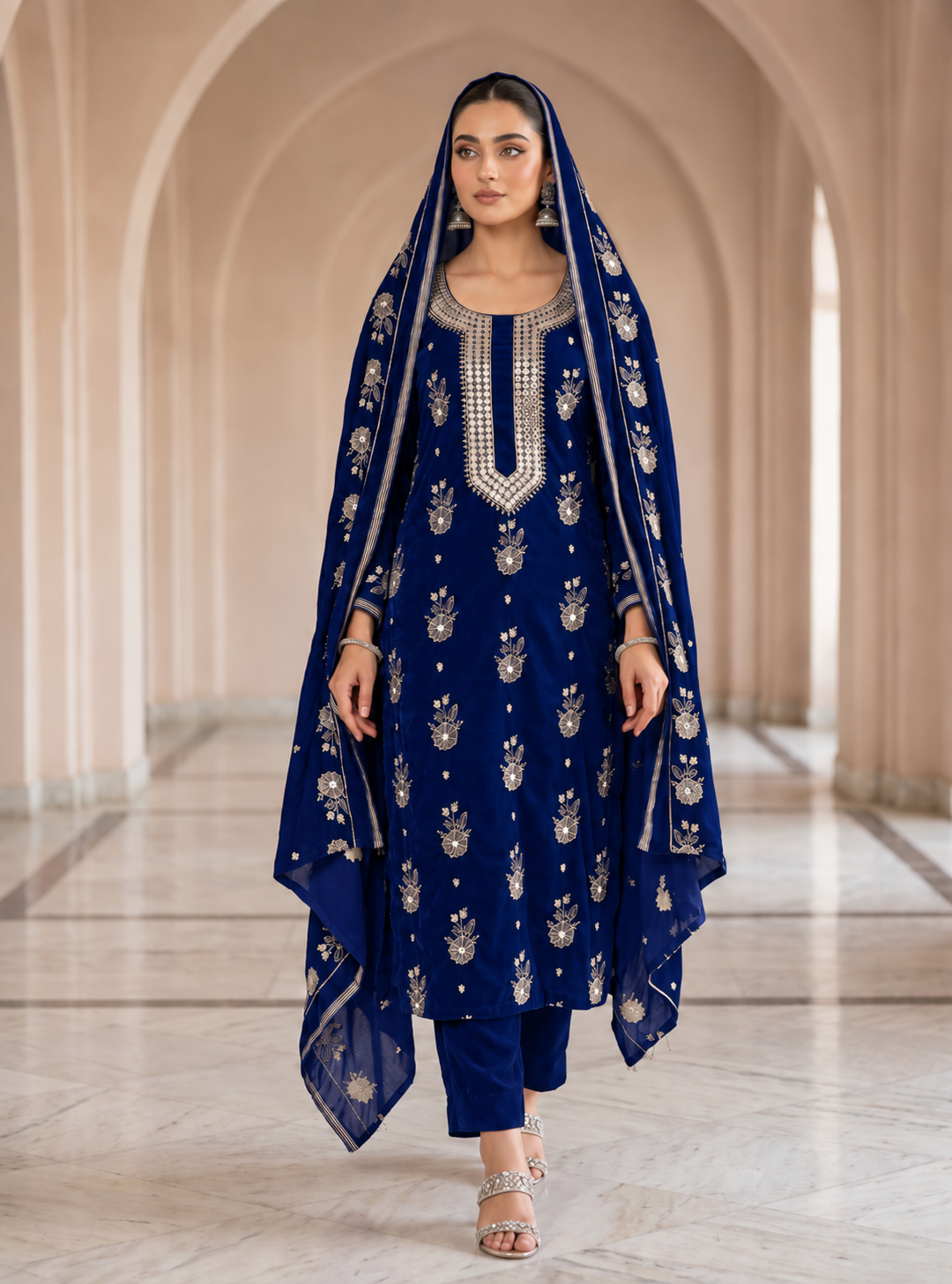 Premium 9000 China Imported Velvet –&nbsp;9mm Gala&nbsp;&amp; Sequins 3 Piece Unstitched Suit