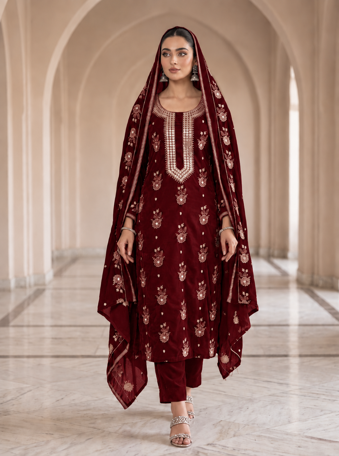 Premium 9000 China Imported Velvet – 9mm Gala & Sequins 3 Piece Unstitched Suit