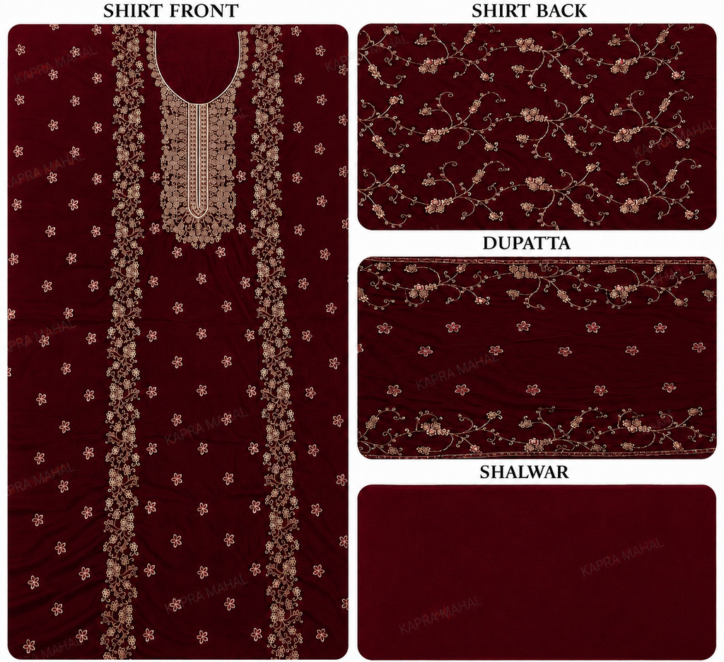Premium 9000 China Imported Velvet –&nbsp;Royal Gala&nbsp;&amp; Sequins 3 Piece Unstitched Suit