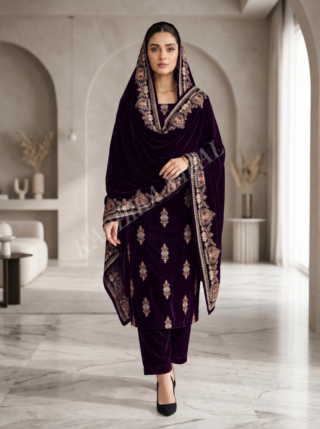 Premium 9000 China Imported Velvet –3 mutif shal & Sequins 3 Piece Unstitched Suit