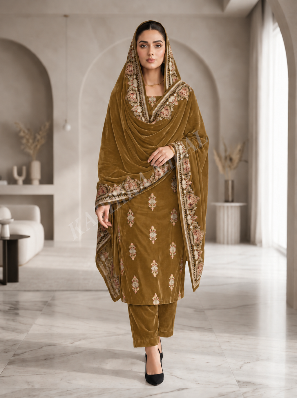 Premium 9000 China Imported Velvet –3 mutif shal & Sequins 3 Piece Unstitched Suit