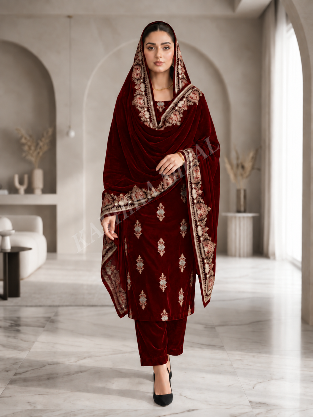 Premium 9000 China Imported Velvet –3 mutif shal & Sequins 3 Piece Unstitched Suit