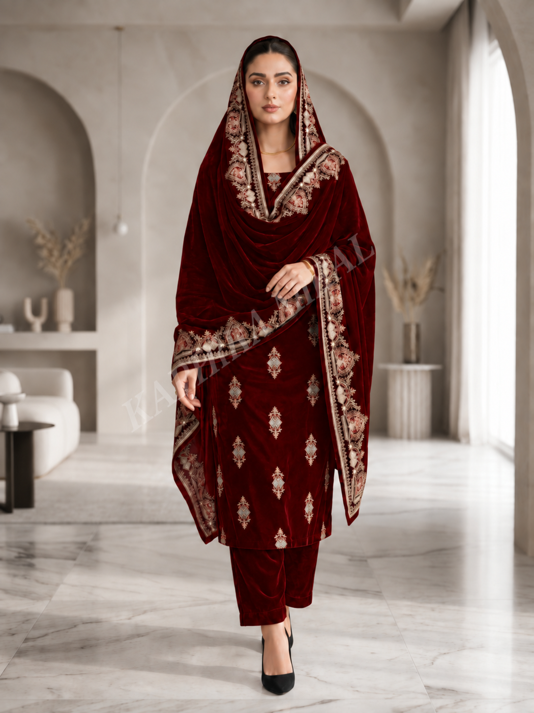 Premium 9000 China Imported Velvet –3 mutif shal & Sequins 3 Piece Unstitched Suit