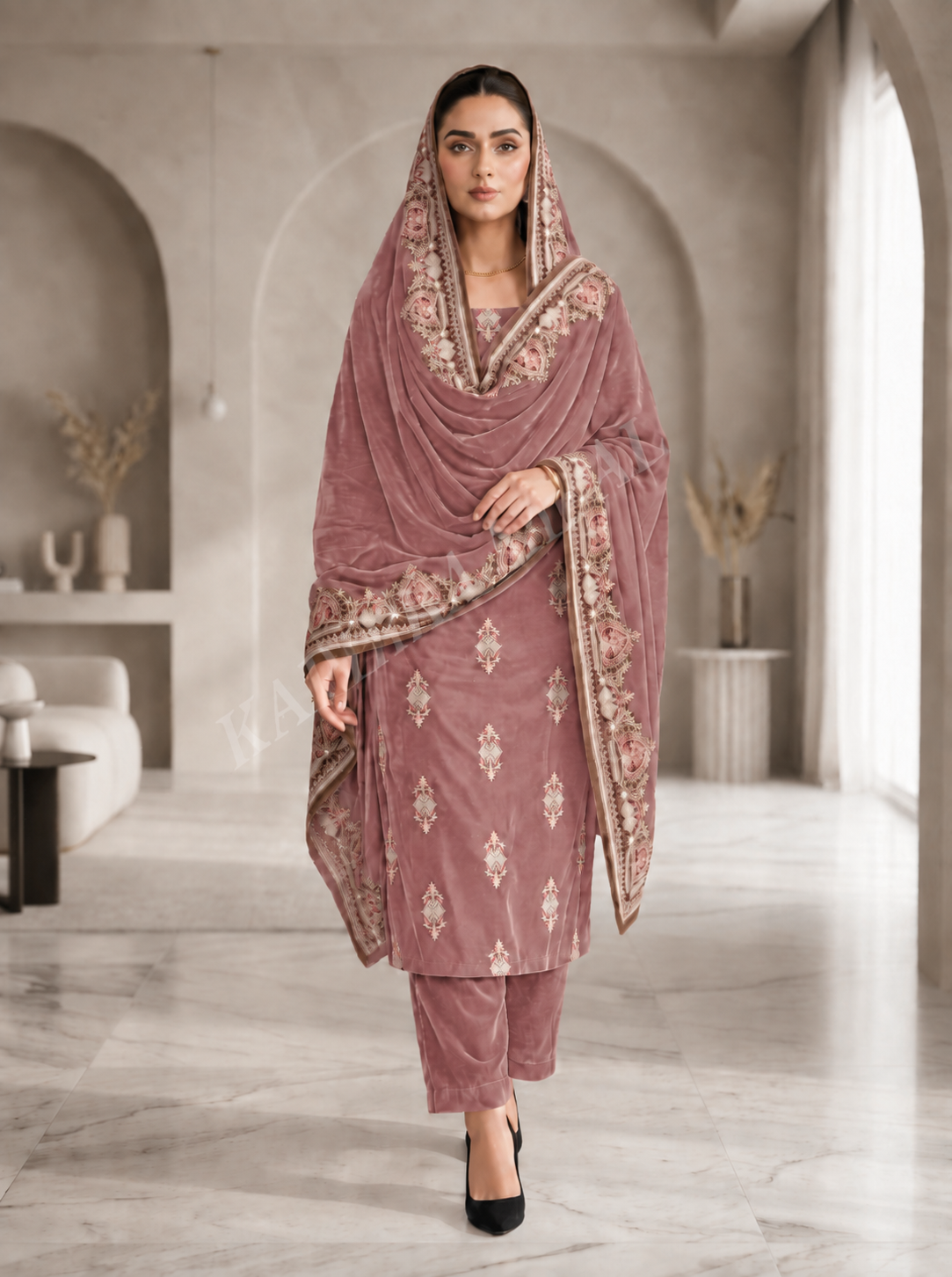 Premium 9000 China Imported Velvet –3 mutif shal & Sequins 3 Piece Unstitched Suit