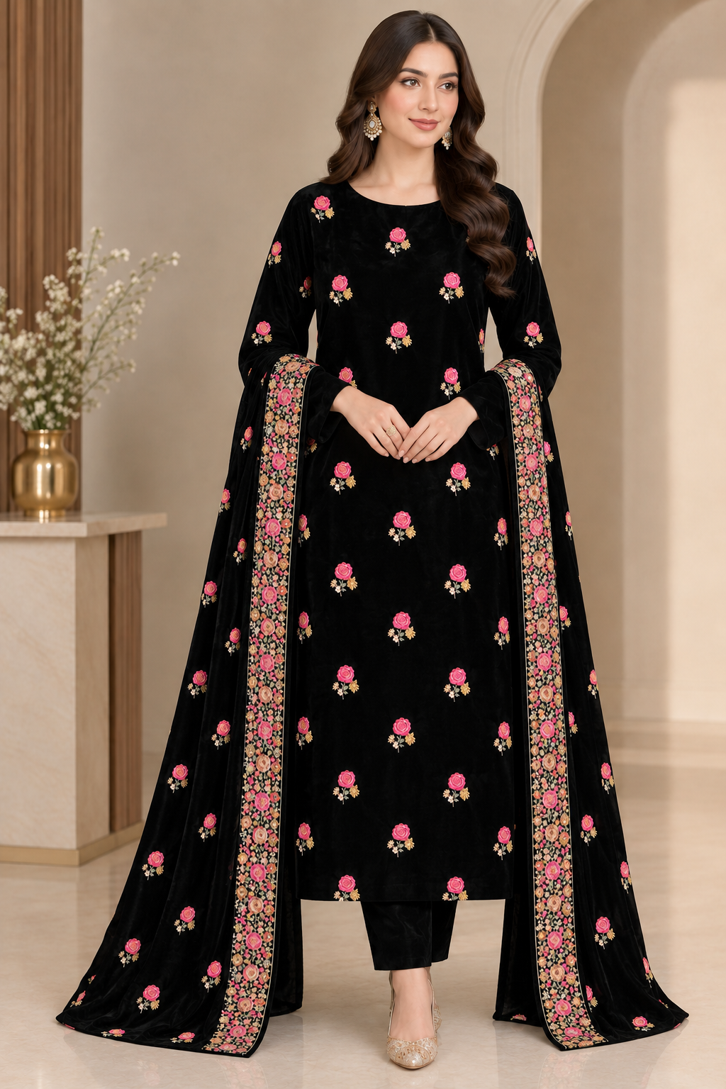 Premium 9000 China Imported Velvet – Shal Set & Sequins 3 Piece Unstitched Suit