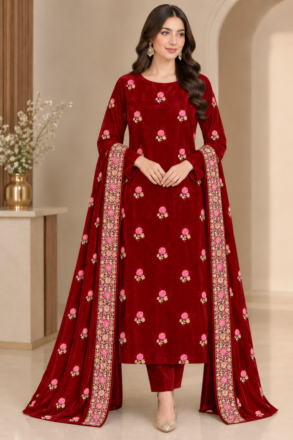 Premium 9000 China Imported Velvet – Shal Set & Sequins 3 Piece Unstitched Suit