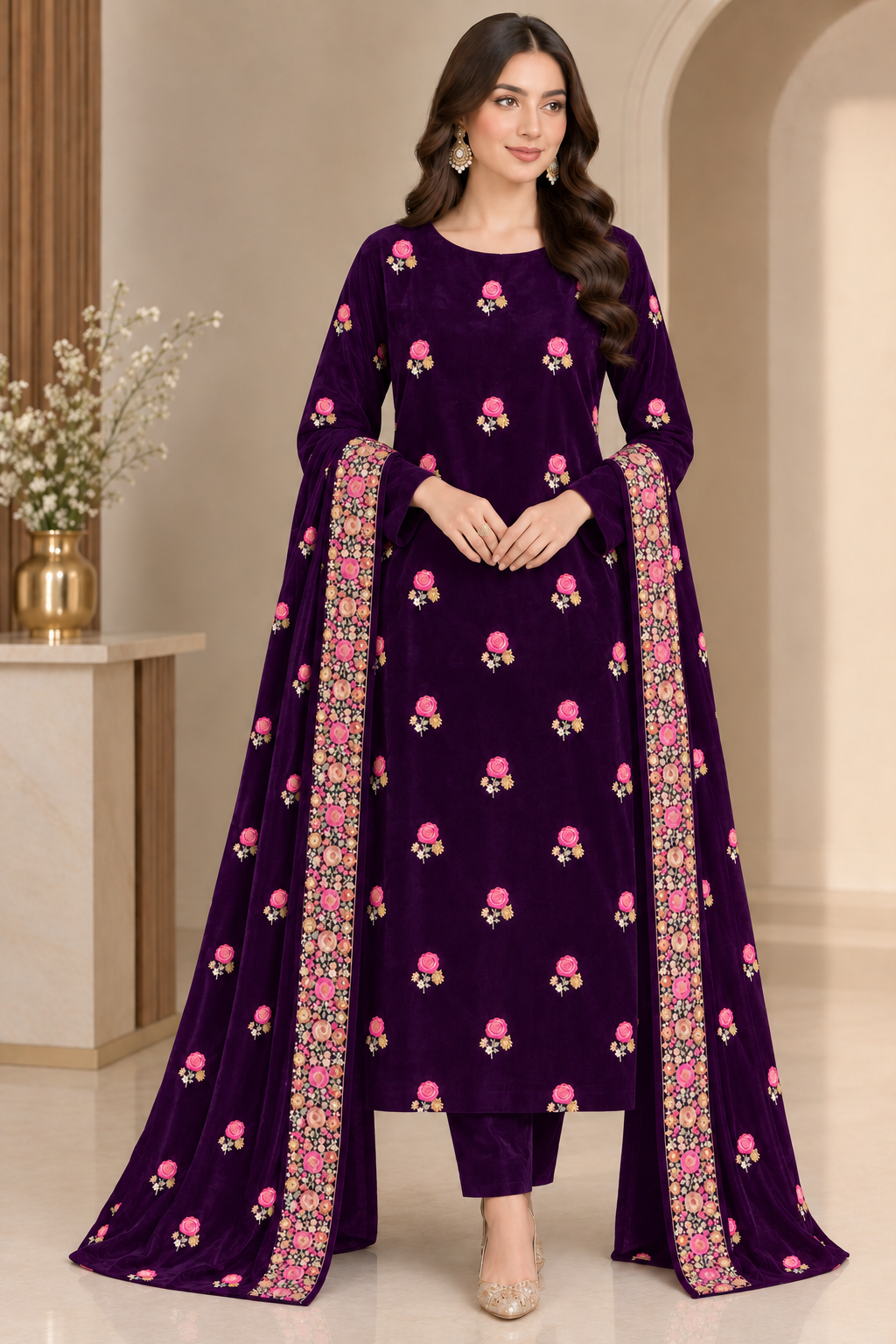 Premium 9000 China Imported Velvet – Shal Set & Sequins 3 Piece Unstitched Suit