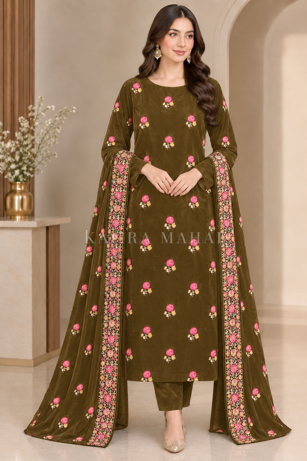 Premium 9000 China Imported Velvet – Shal Set & Sequins 3 Piece Unstitched Suit