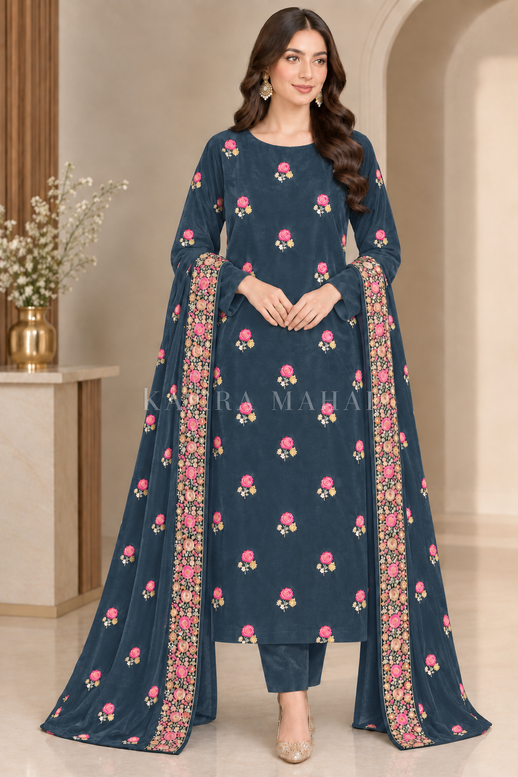 Premium 9000 China Imported Velvet – Shal Set & Sequins 3 Piece Unstitched Suit