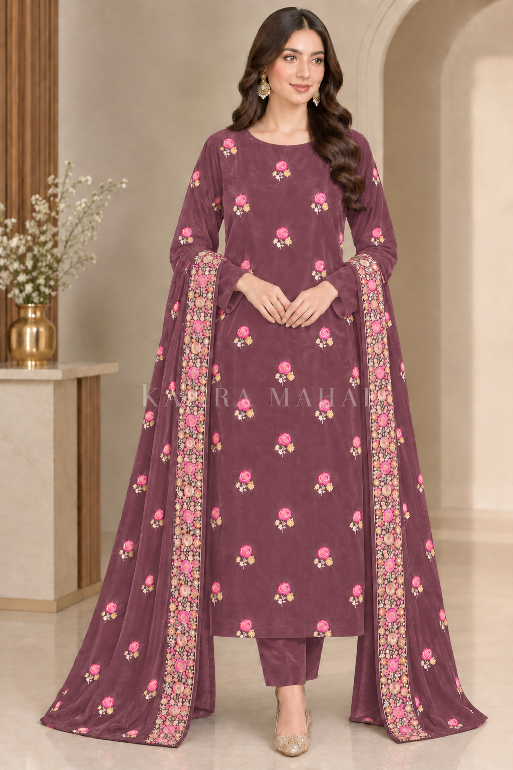 Premium 9000 China Imported Velvet – Shal Set & Sequins 3 Piece Unstitched Suit