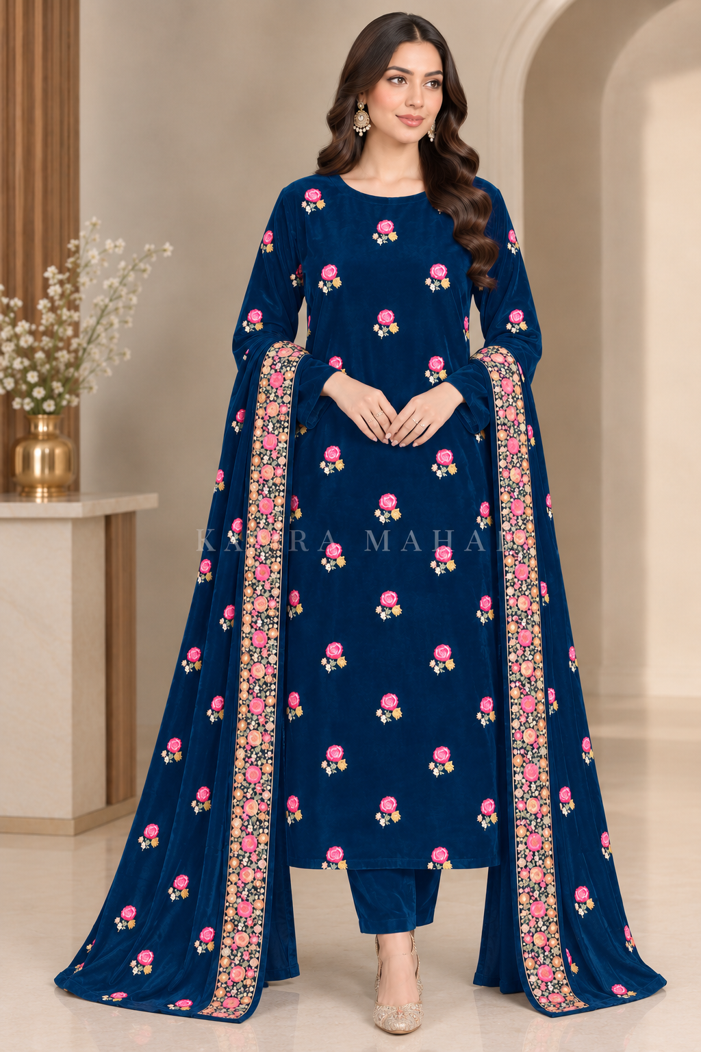 Premium 9000 China Imported Velvet – Shal Set & Sequins 3 Piece Unstitched Suit