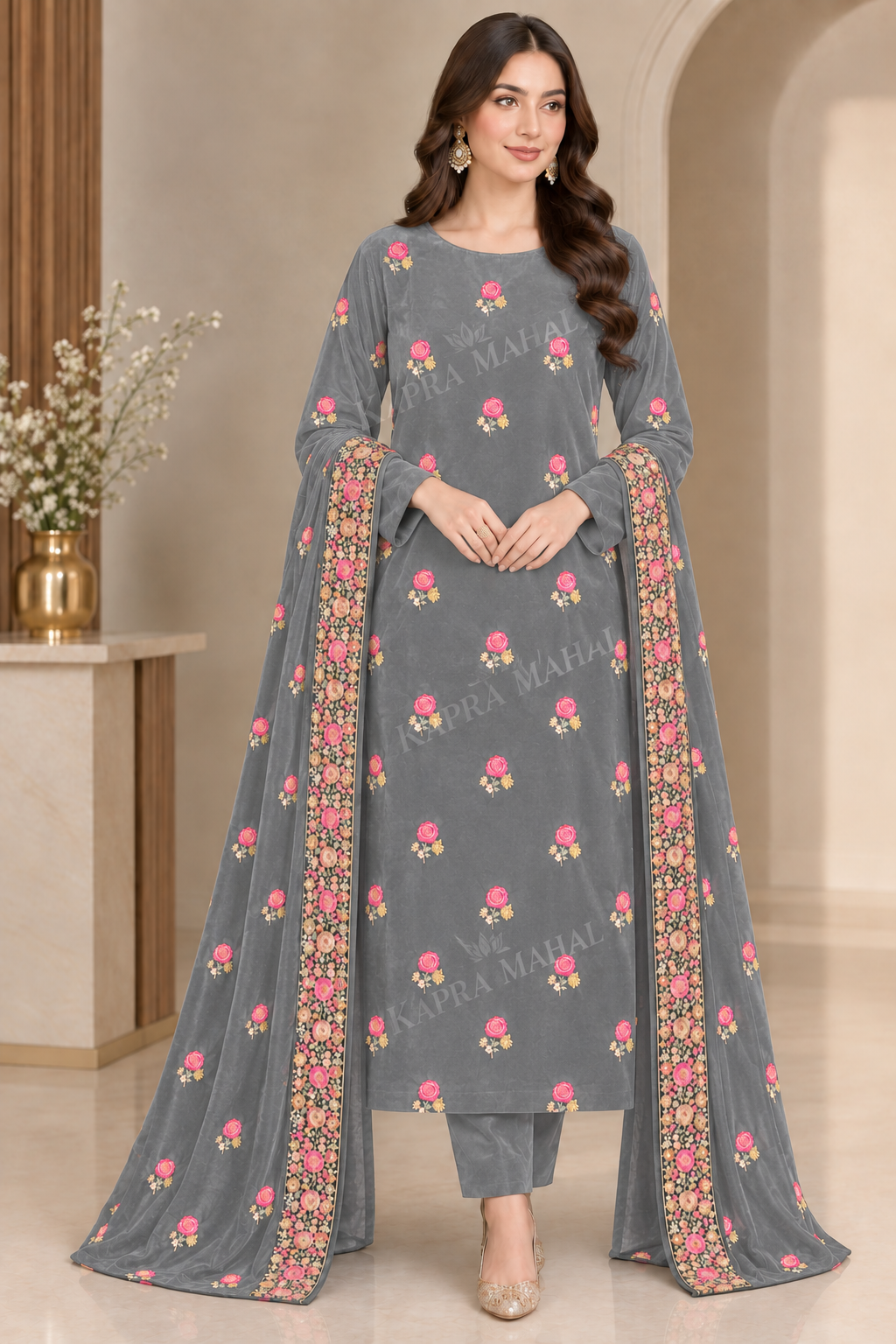 Premium 9000 China Imported Velvet – Shal Set & Sequins 3 Piece Unstitched Suit