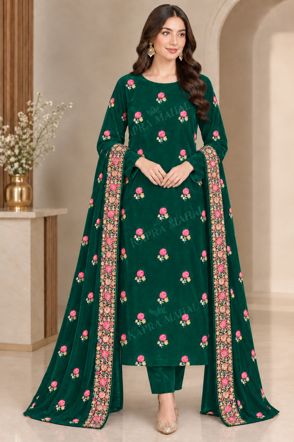 Premium 9000 China Imported Velvet – Shal Set & Sequins 3 Piece Unstitched Suit