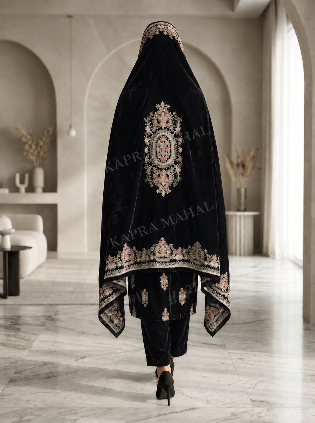 Premium 9000 China Imported Velvet –3 mutif shal & Sequins 3 Piece Unstitched Suit