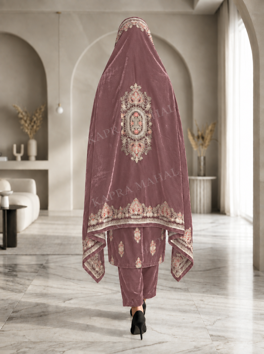 Premium 9000 China Imported Velvet –3 mutif shal & Sequins 3 Piece Unstitched Suit