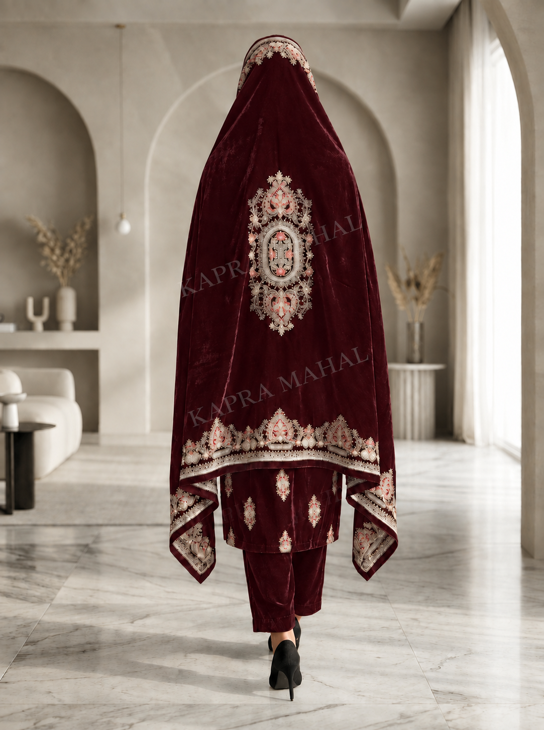 Premium 9000 China Imported Velvet –3 mutif shal & Sequins 3 Piece Unstitched Suit
