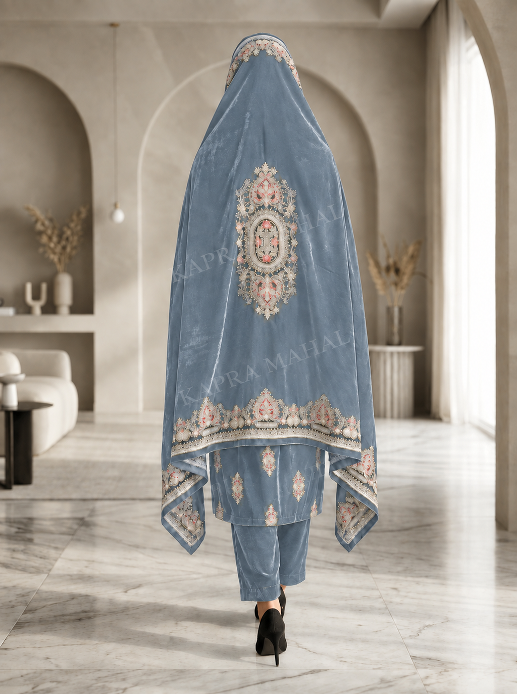 Premium 9000 China Imported Velvet –3 mutif shal & Sequins 3 Piece Unstitched Suit