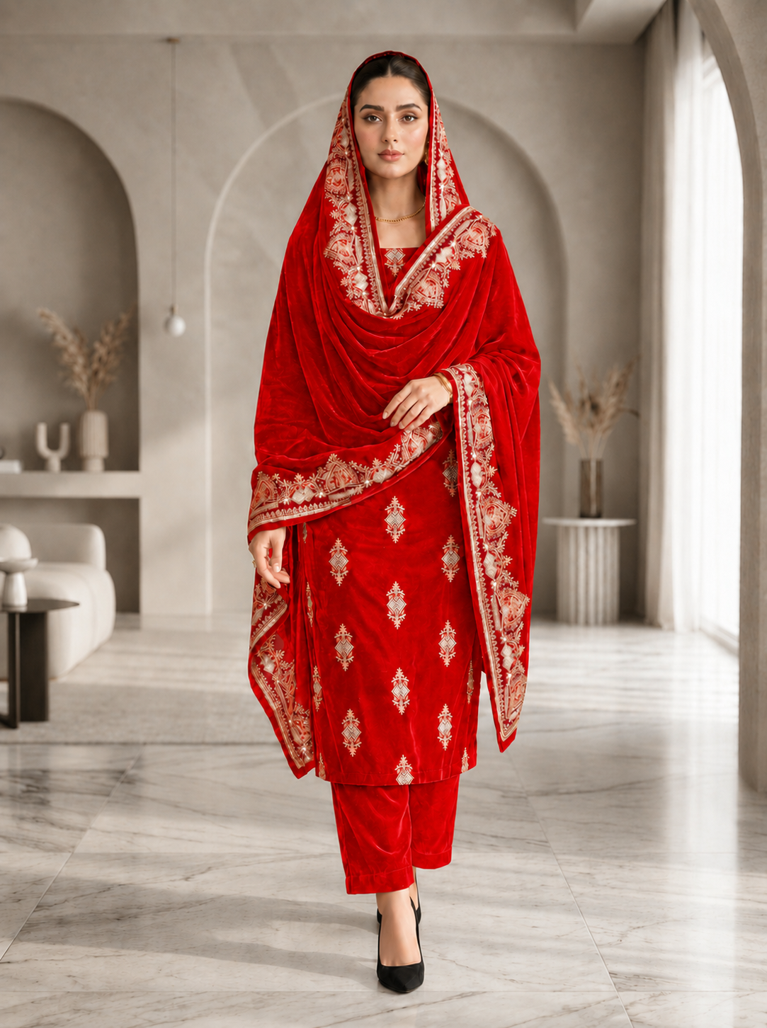 Premium 9000 China Imported Velvet –3 mutif shal & Sequins 3 Piece Unstitched Suit