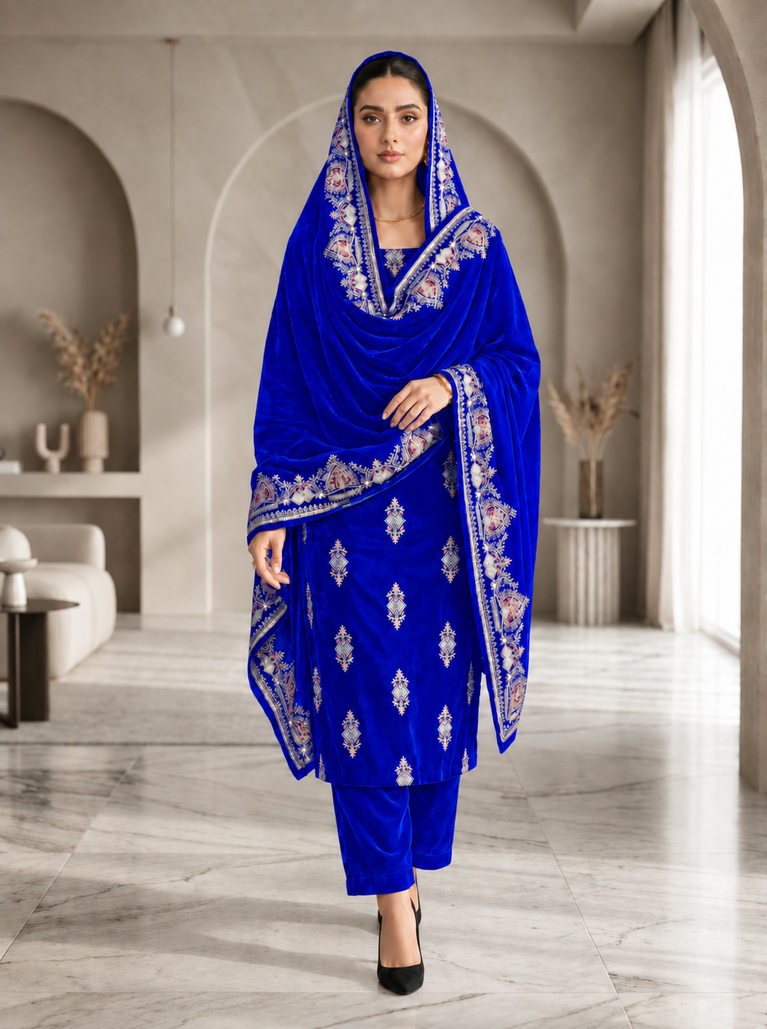 Premium 9000 China Imported Velvet –3 mutif shal & Sequins 3 Piece Unstitched Suit