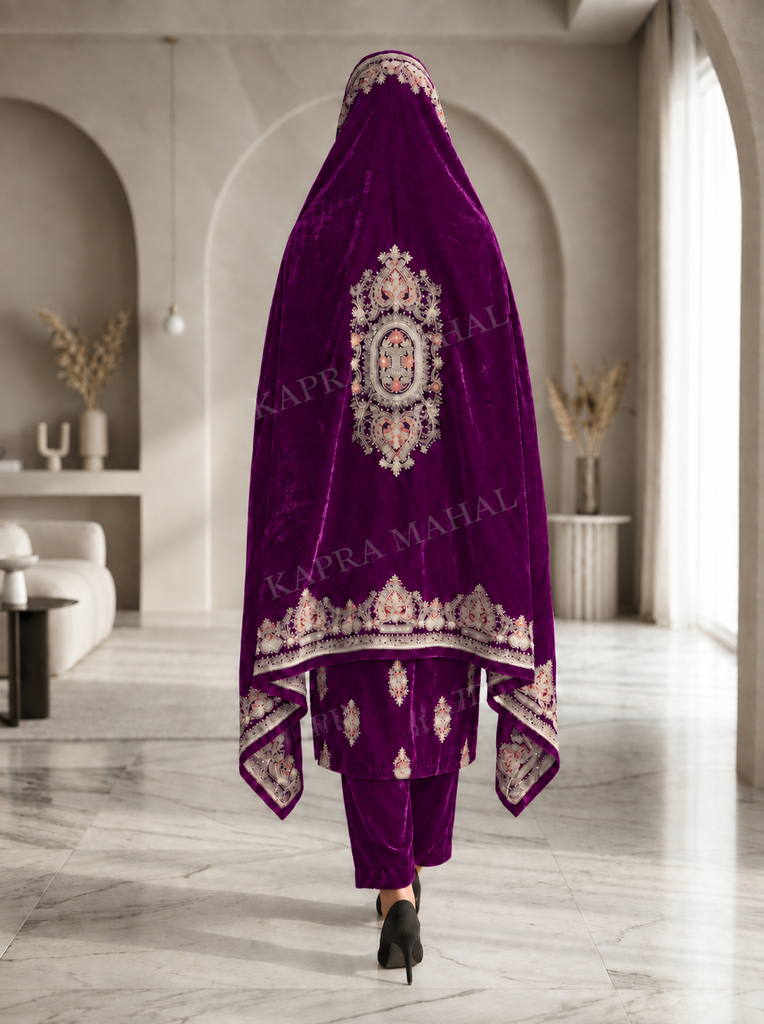 Premium 9000 China Imported Velvet –3 mutif shal & Sequins 3 Piece Unstitched Suit
