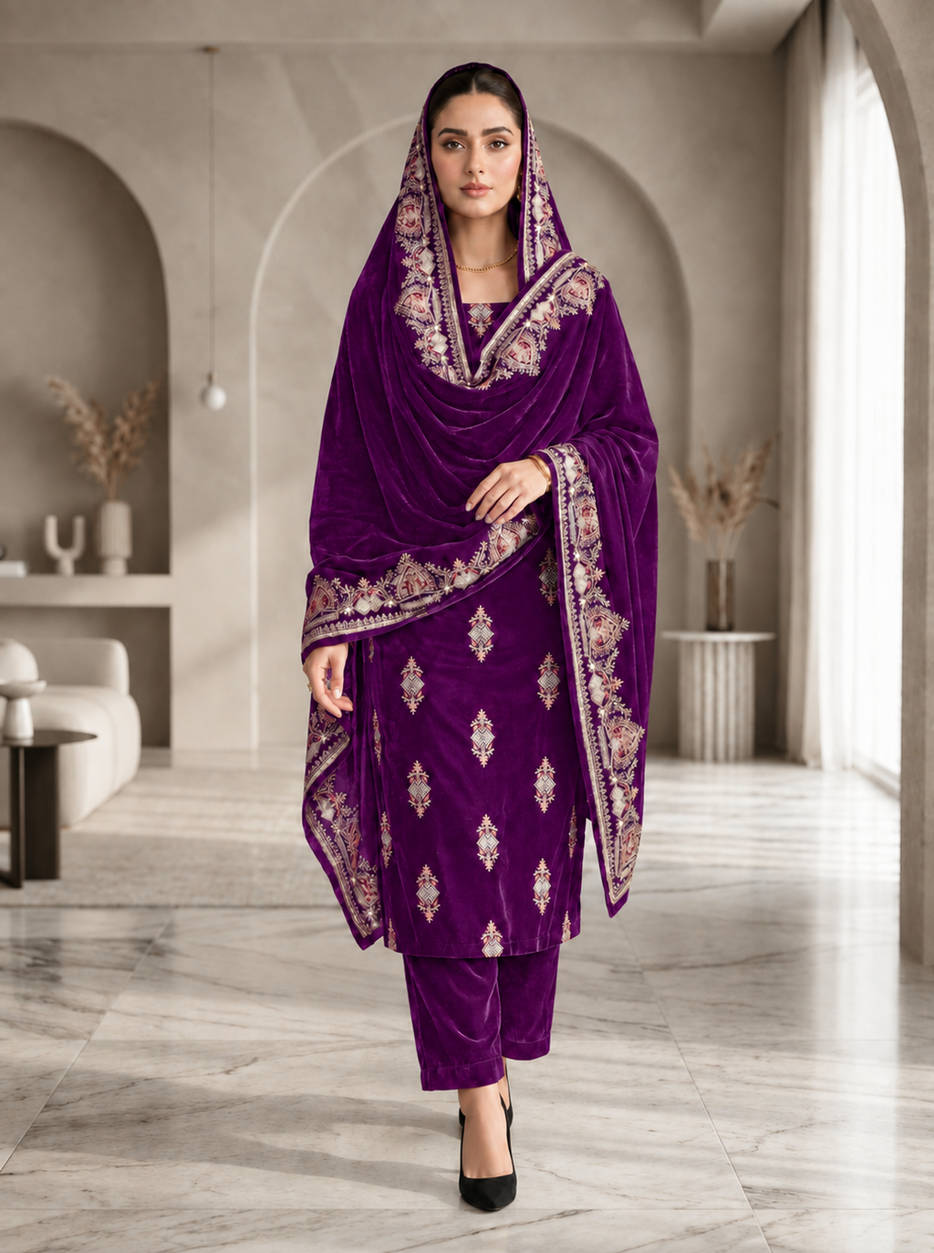 Premium 9000 China Imported Velvet –3 mutif shal & Sequins 3 Piece Unstitched Suit